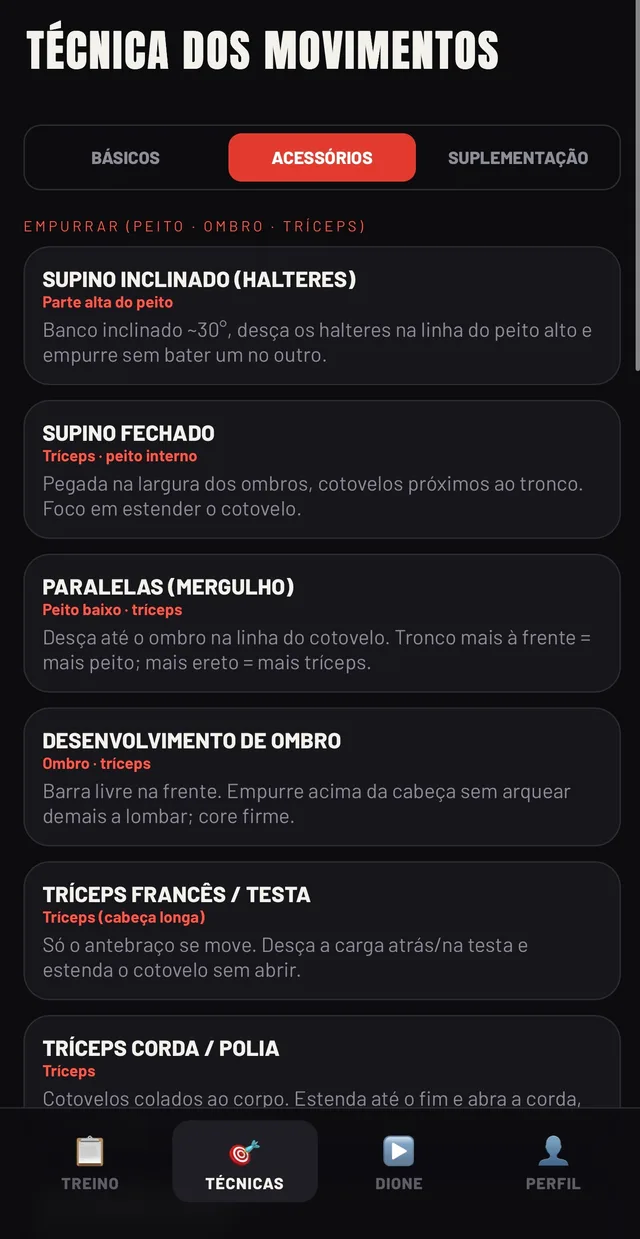Tela de exercícios acessórios do app