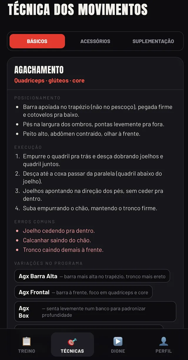 Tela de técnica dos movimentos do app