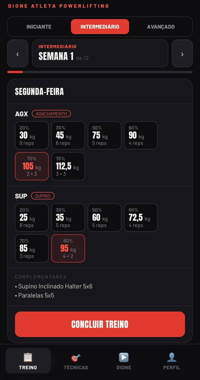 Tela de treino do app com as cargas calculadas